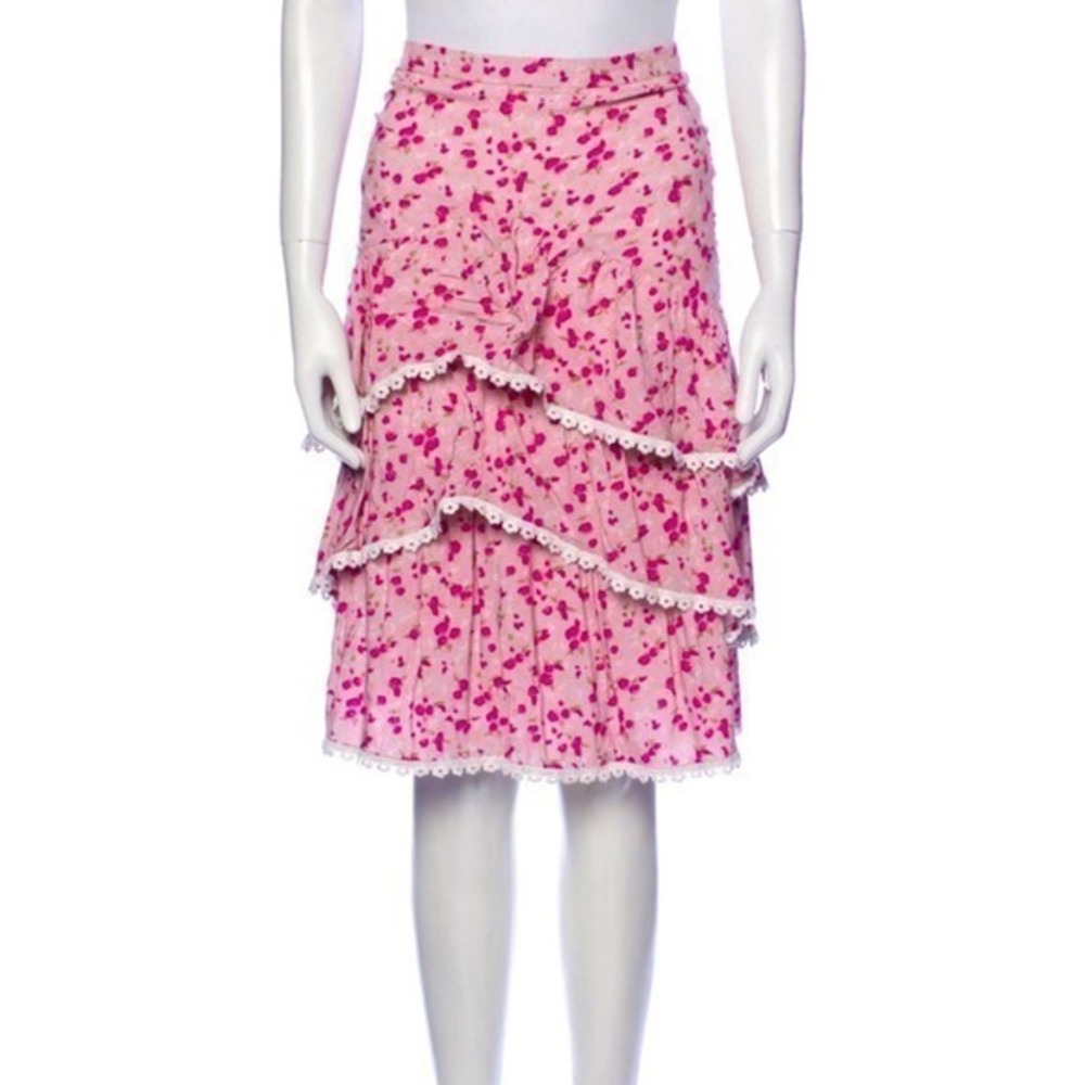 Majorelle ruffle pink floral tiered knee length skirt XXS